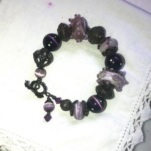 silver and purple glass lamp work beaded bracelet one of a kind lavender